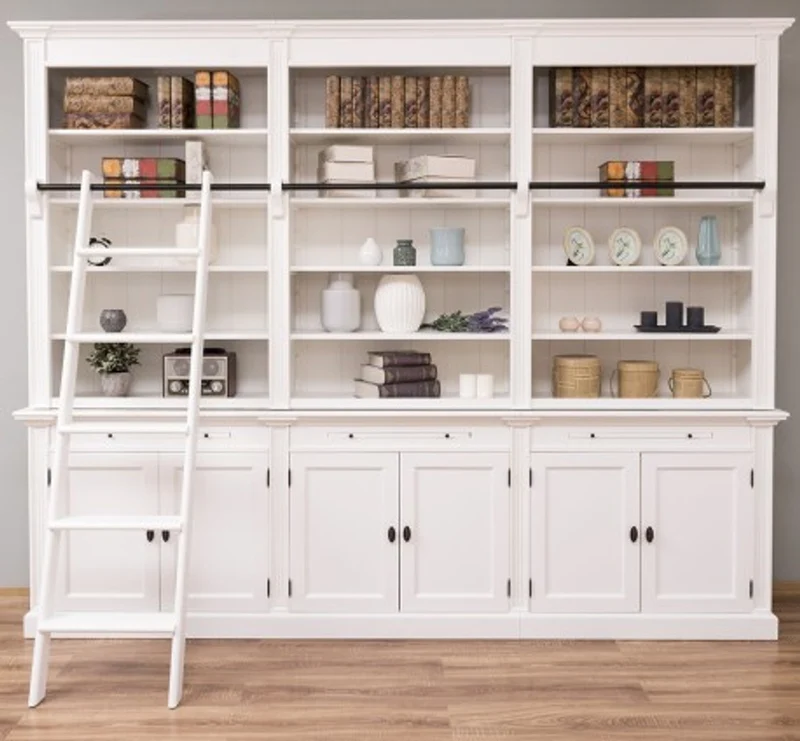Casa Padrino Bücherregal im Landhausstil mit 6 Türen und Leiter, 300 x 42 x 240 cm