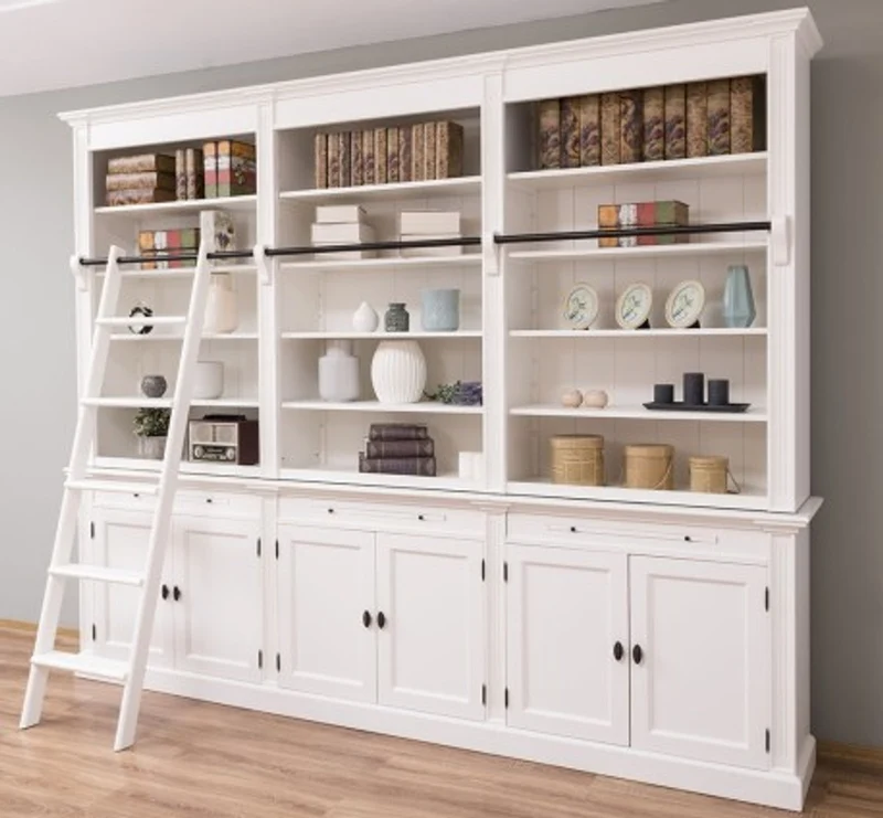 Casa Padrino Bücherregal im Landhausstil mit 6 Türen und Leiter, 300 x 42 x 240 cm