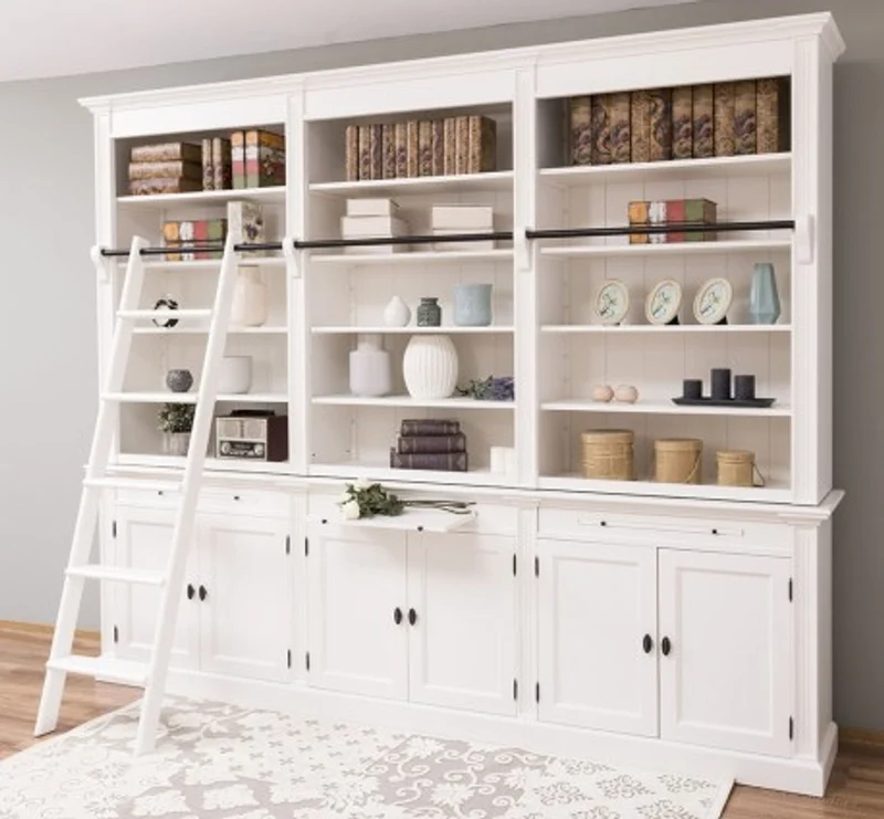 Casa Padrino Bücherregal im Landhausstil mit 6 Türen und Leiter, 300 x 42 x 240 cm