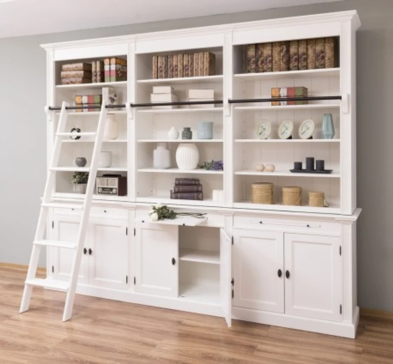 Casa Padrino Bücherregal im Landhausstil mit 6 Türen und Leiter, 300 x 42 x 240 cm