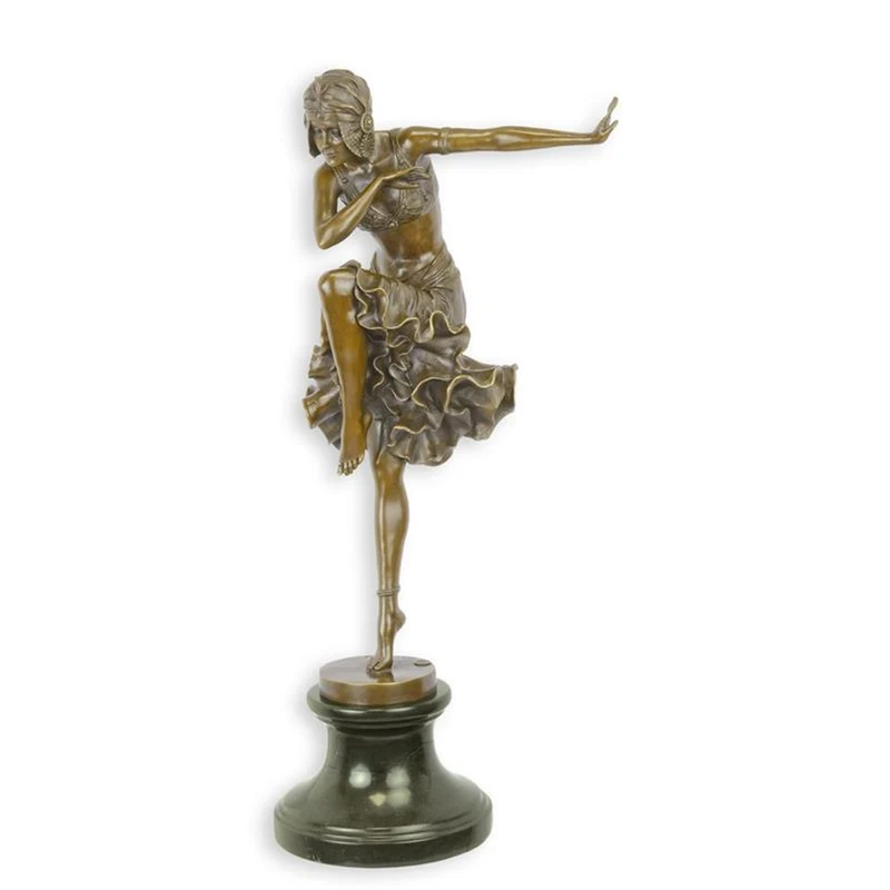 Casa Padrino Art Deco Bronze Skulptur Tänzerin Bronzefarben / Grün 19,8 x 32,7 x H. 67,2 cm - Bronzefigur mit Marmorsockel - Luxus Deko