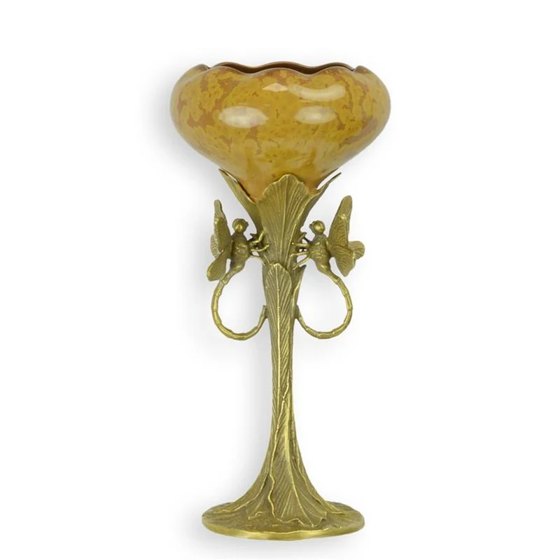 Casa Padrino Jugendstil Porzellan Schale mit Bronze Libellen Gelb / Gold 11,7 x 11,7 x H. 24,7 cm - Deko Pokal - Barock & Jugendstil Deko Accessoires