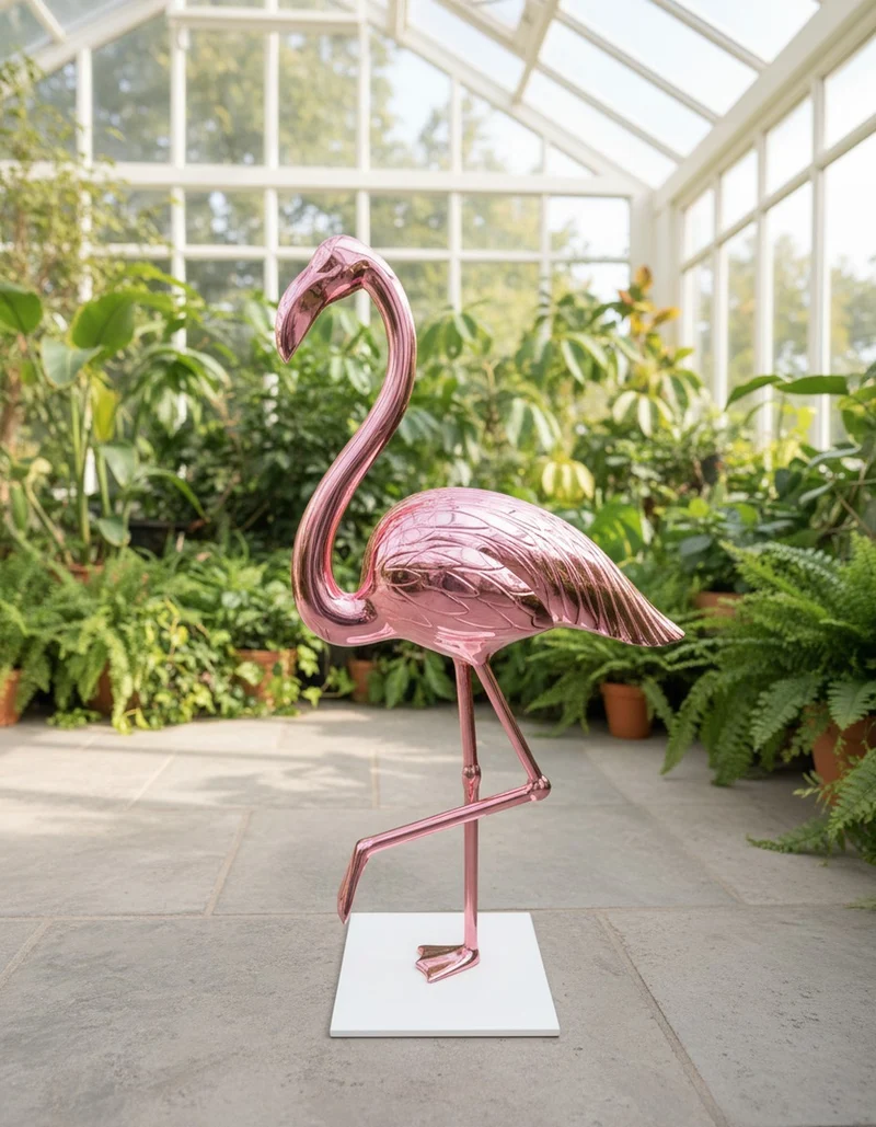 Casa Padrino Luxus Deko Skulptur Vogel Chrome Flamingo H. 155 cm - Riesige Gartenskulptur - Lebensgroße Skulptur - XXL Deko Skulptur - XXL Deko Figur