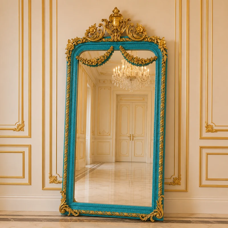 Casa Padrino Barock Standspiegel Türkis / Gold 115 x H. 220 cm - mit Blumenkorb Bekrönung - Handgefertigter Antik Stil Ganzkörperspiegel - Garderoben Spiegel - Schlafzimmer Spiegel - Barock Möbel