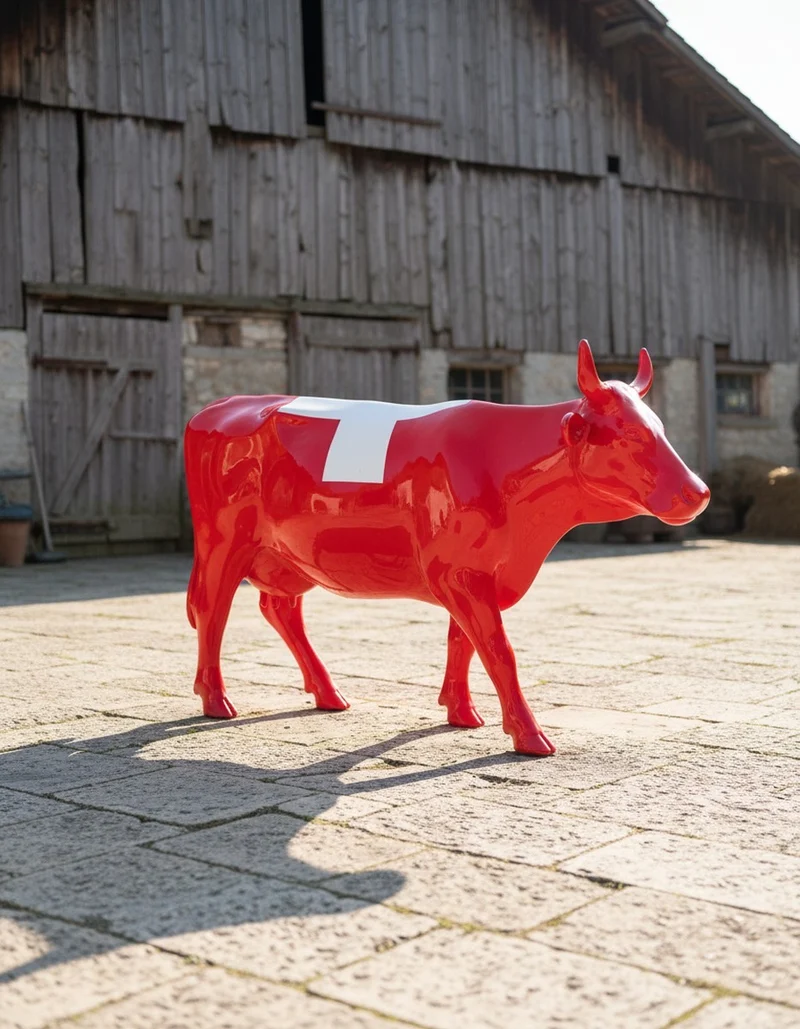 Casa Padrino Luxus Deko Skulptur Kuh Schweizer Flagge H. 147 cm - Riesige Gartenskulptur - Lebensgroße Skulptur - XXL Deko Skulptur - XXL Deko Figur
