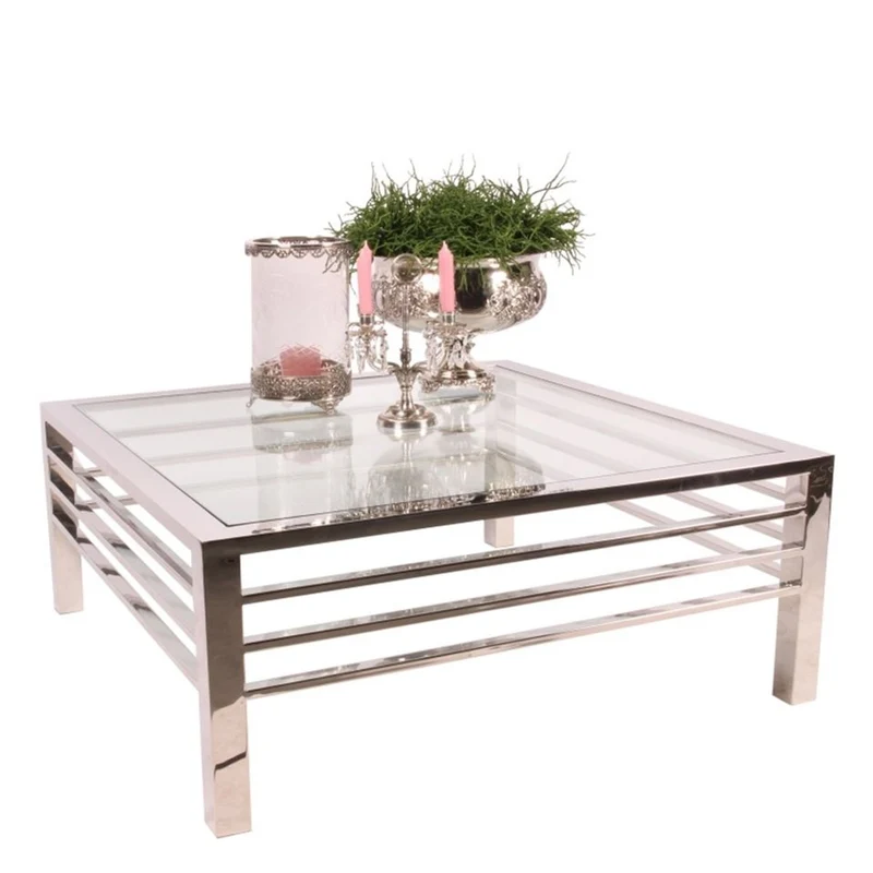 Casa Padrino Luxus Couchtisch Silber 100 x 100 x H. 40 cm - Quadratischer Wohnzimmertisch mit Glasplatte
