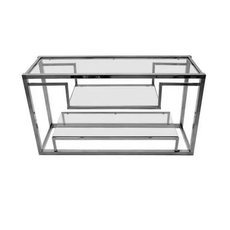 Casa Padrino Luxus Konsole Silber 150 x 40 x H. 75 cm - Metall Konsolentisch mit Glasplatte - Luxus Wohnzimmer Möbel