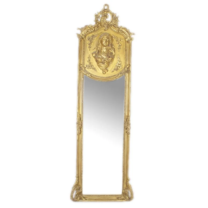 Casa Padrino Barock Standspiegel Gold 50 x H. 170 cm - mit Damen Relief - Handgefertigter Antik Stil Ganzkörperspiegel - Garderoben Spiegel - Schlafzimmer Spiegel - Barock Möbel