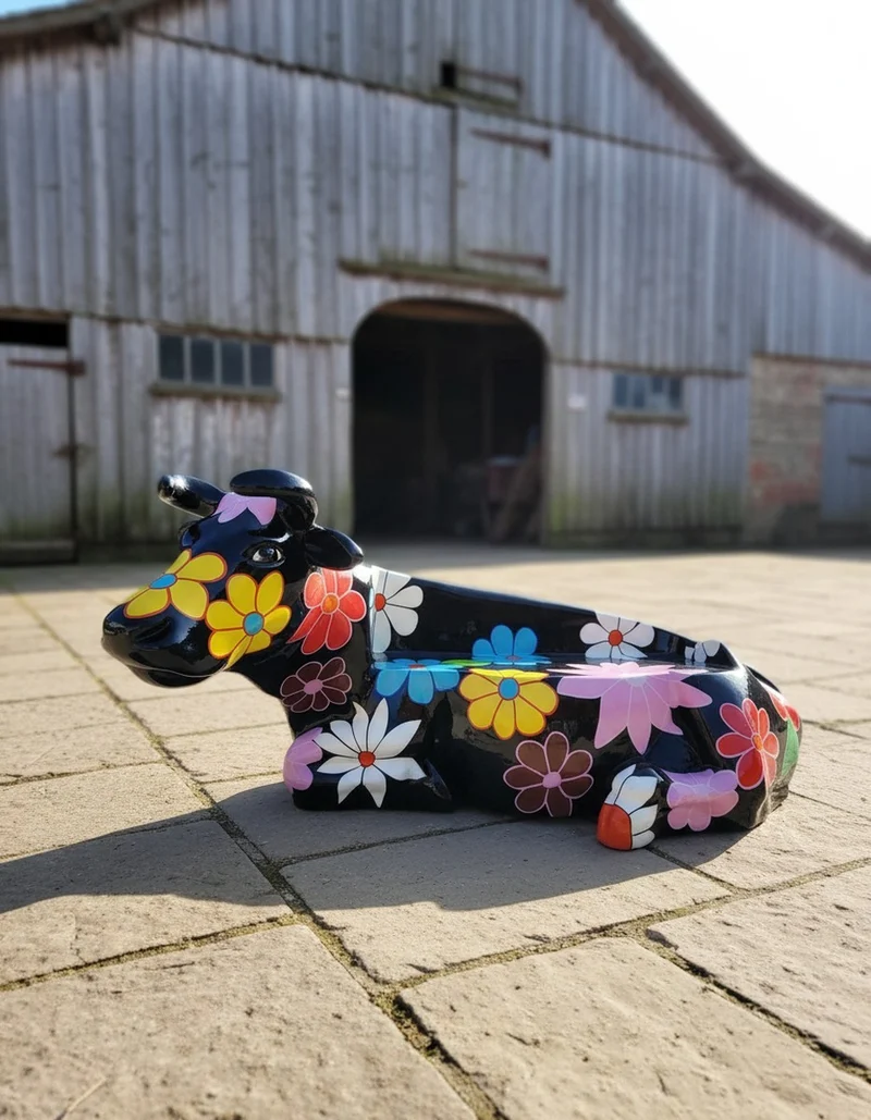 Casa Padrino Luxus Deko Skulptur Kuh Blumen H. 98 cm - Deko Skulptur - Deko Figur - Tierfigur - Gartendeko