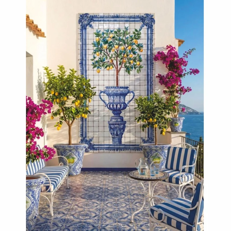 Casa Padrino Luxus Barock Keramik Wandgemälde Zitronenbaum Creme / Blau / Bunt H. 280 cm - Handgefertigtes Mosaik Fliesen Gemälde - Barock Wanddeko