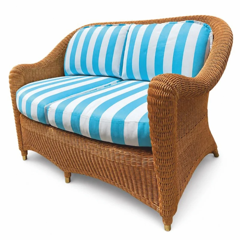 Casa Padrino Luxus Rattan Sofa Honigfarben / Weiß / Blau 140 cm - Hotel Möbel - Rattan Möbel - Luxus Möbel