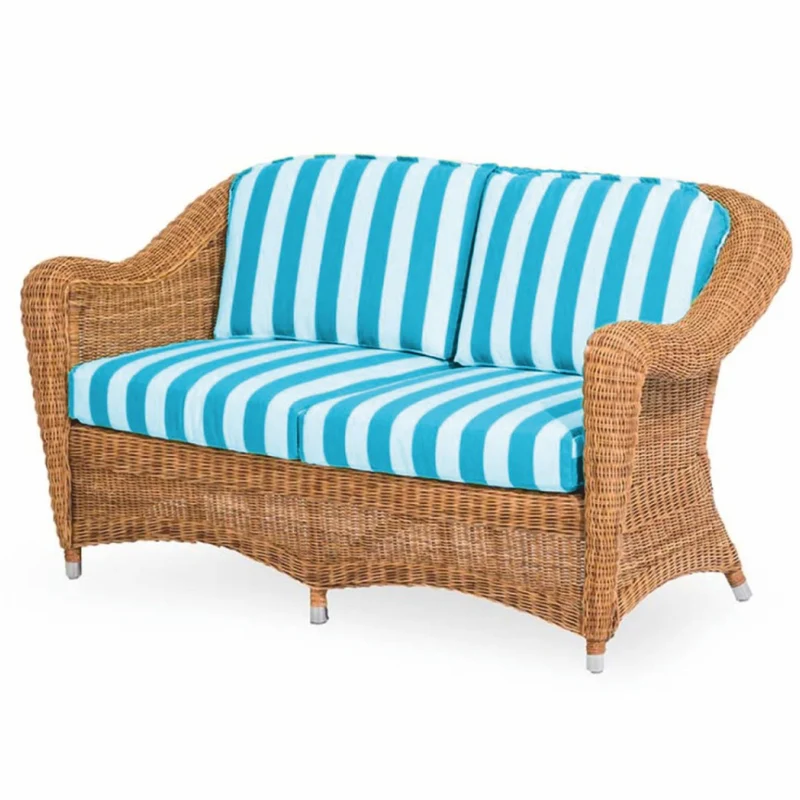 Casa Padrino Luxus Rattan 2er Sofa Honigfarben / Weiß / Blau 140 cm - Rattan Möbel