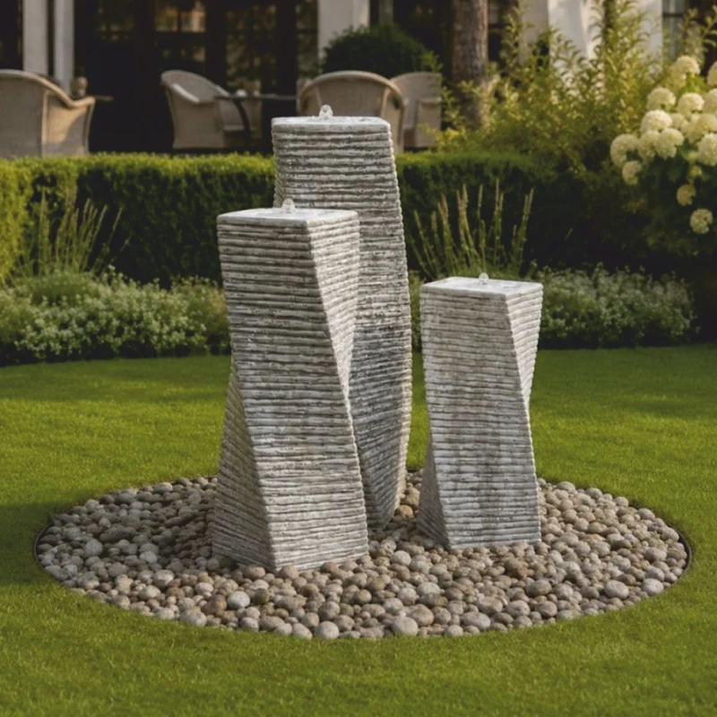 Casa Padrino Garten Deko Säulenbrunnen 3er Set Grau H. 120 cm - Garten Accessoires - Terrassen Accessoires