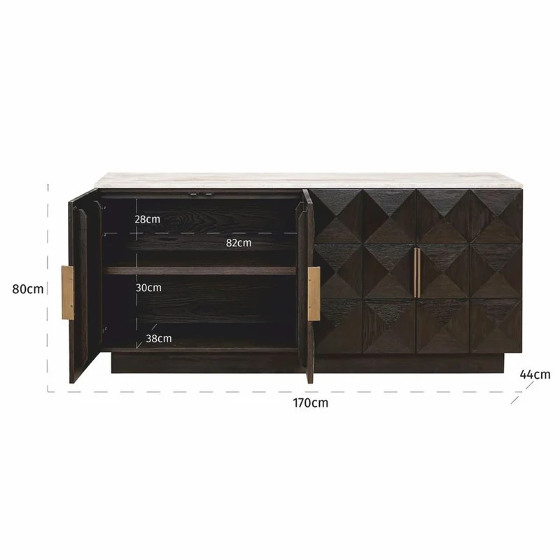 Casa Padrino Luxus Sideboard mit 4 Türen und Travertinplatte Dunkelbraun / Beige 170 cm