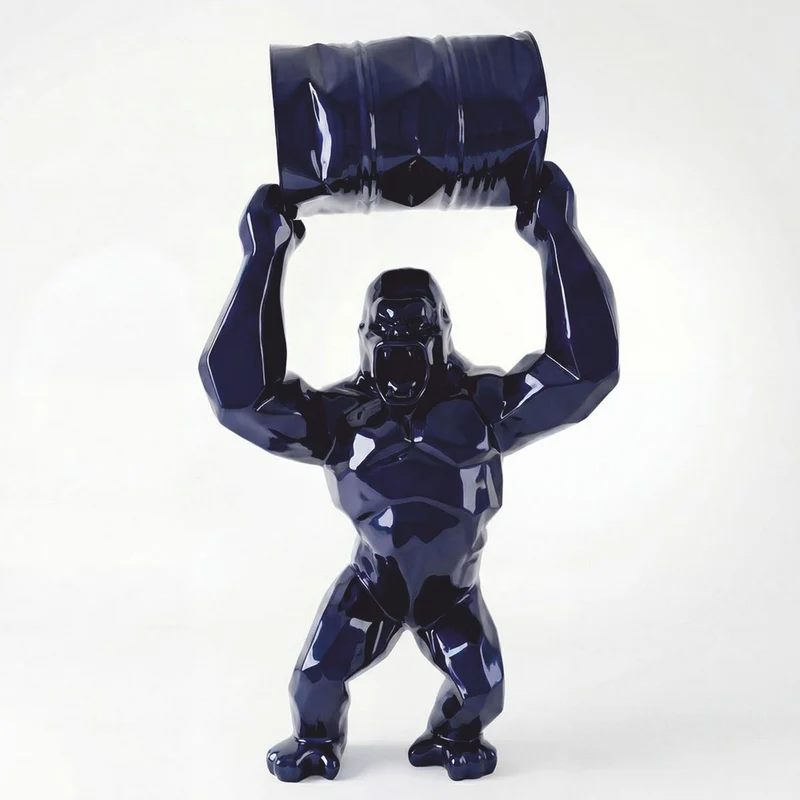 Casa Padrino XXL Garten Deko Skulptur Gorilla mit Fass Metallic Blau H. 250 cm