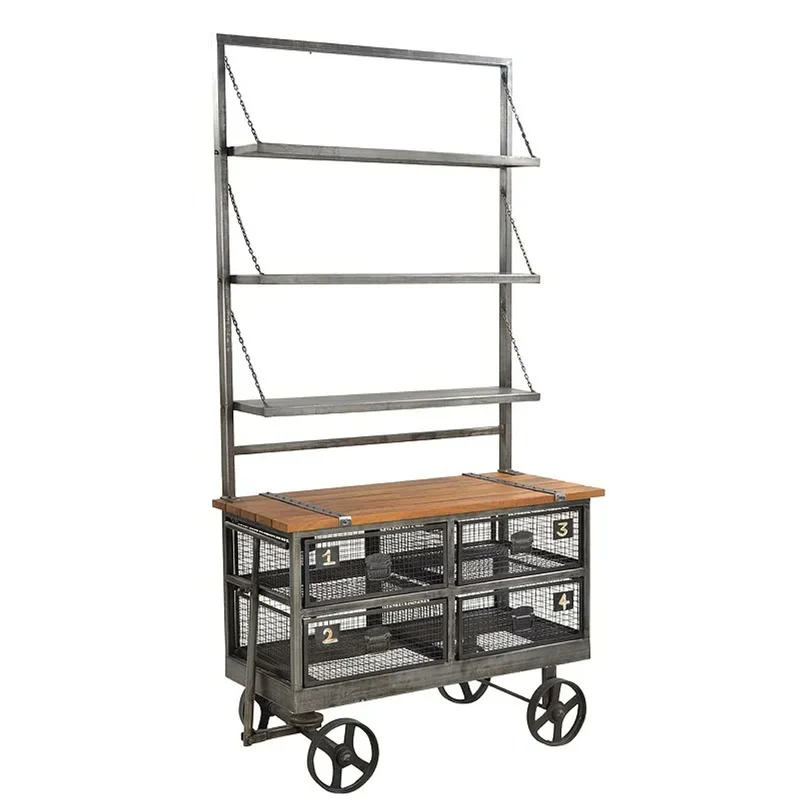 Casa Padrino Industrie Stil Servierwagen Anthrazit / Braun 106 x 48 x H. 208 cm - Rollwagen mit Aufsatzregal und 4 Gitterschubladen