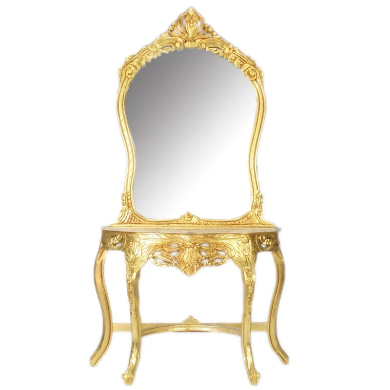 Casa Padrino Luxus Barock Spiegelkonsole Gold 95 x H. 190 cm - mit Muschel Bekrönung - Prunkvoller Konsolentisch mit Wandspiegel - Antik Stil Flur Möbel - Barock Möbel