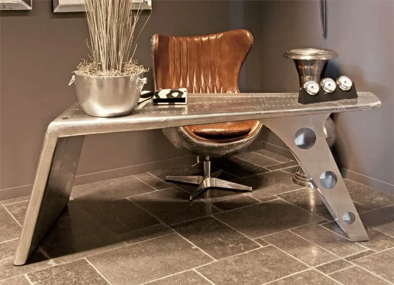 Casa Padrino Luxus Aluminium Schreibtisch Silber 234 x 80 x H. 78 cm - Flugzeug Flieger Büromöbel