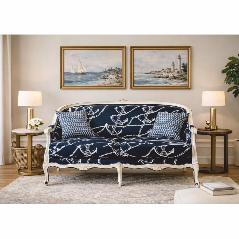 Casa Padrino Luxus Barock Sofa Blau / Weiß 148 cm - Barock Möbel - Made in Italy
