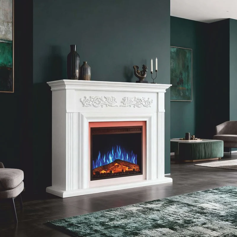 Casa Padrino Barock LED Elektrokamin Weiß 121 x 35 x H. 100 cm - Barock Möbel
