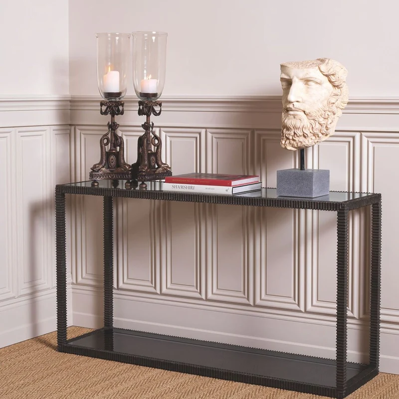 Casa Padrino Luxus Aluguss Konsole mit Glasplatten Bronze / Grau 140 cm - Luxus Möbel