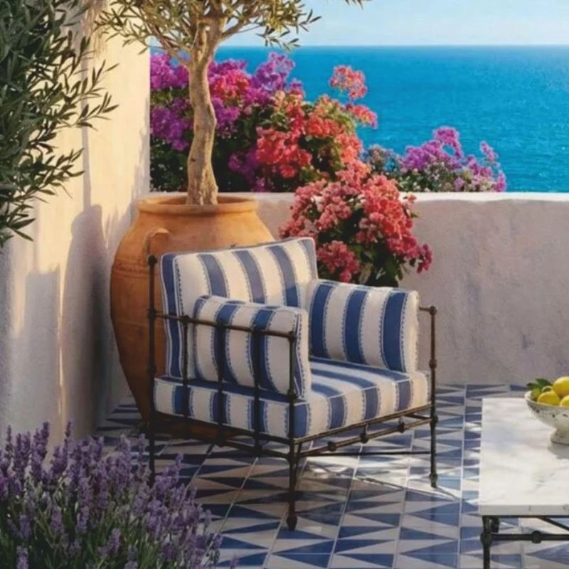 Casa Padrino Luxus Schmiedeeisen Sessel Blau / Weiß / Schwarz - Hotel & Garten Sessel