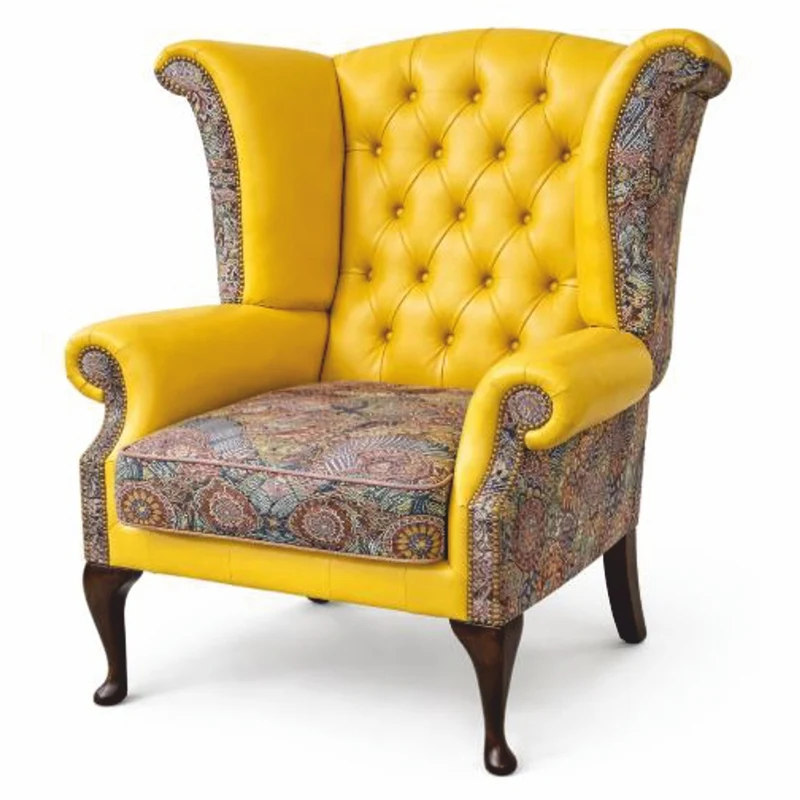 Casa Padrino Luxus Chesterfield Leder Ohrensessel Gelb / Bunt / Dunkelbraun H. 110 cm