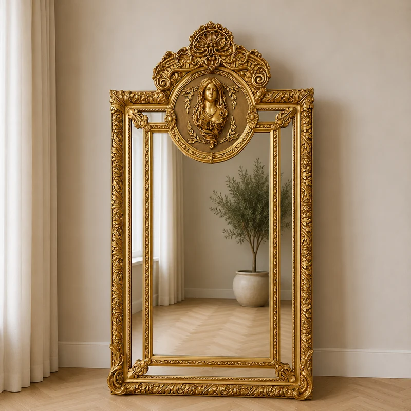 Casa Padrino Barock Standspiegel Gold 110 x H. 210 cm - mit Damen Relief - Handgefertigter Antik Stil Ganzkörperspiegel - Garderoben Spiegel - Schlafzimmer Spiegel - Barock Möbel