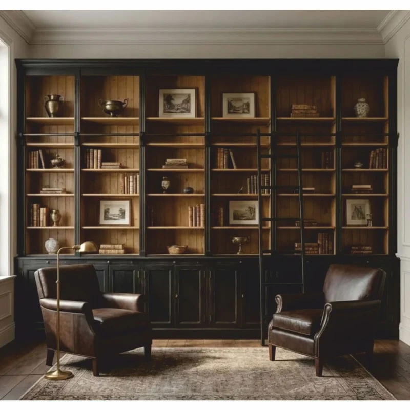 Casa Padrino Landhausstil Bücherschrank mit Leiter Antik Schwarz / Naturfarben 500 cm