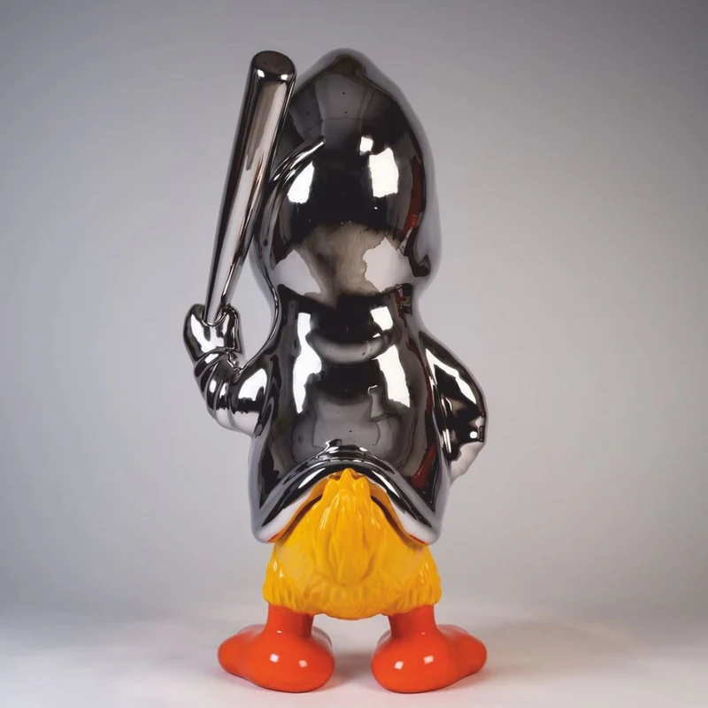 Casa Padrino XXL Deko Skulptur Ente Silber / Gelb / Orange H. 165 cm - Deko Figur