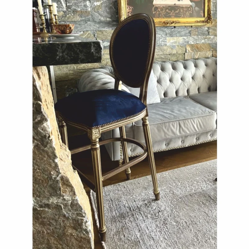 Casa Padrino Luxus Barock Barstuhl Dunkelblau / Braun / Naturfarben H. 127 cm - Barock Bar Möbel