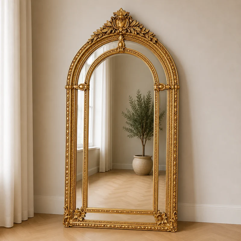 Casa Padrino Barock Standspiegel Gold 115 x H. 220 cm - mit Akanthus Schnitzerei - Handgefertigter Antik Stil Ganzkörperspiegel - Garderoben Spiegel - Schlafzimmer Spiegel - Barock Möbel