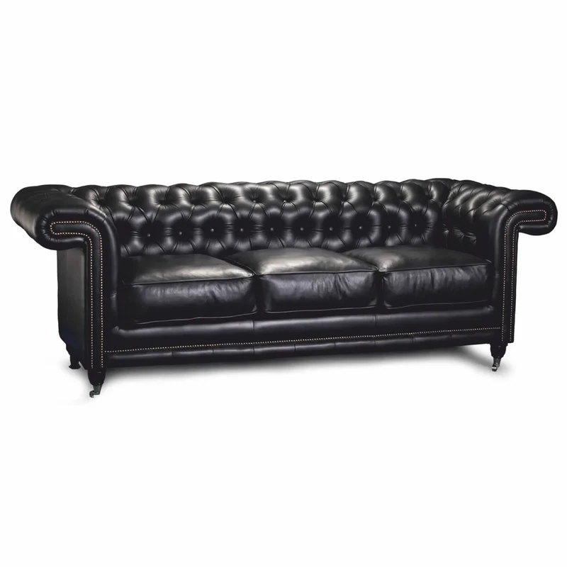 Casa Padrino Luxus Chesterfield Leder Sofa Schwarz 200 cm - Echtleder Möbel