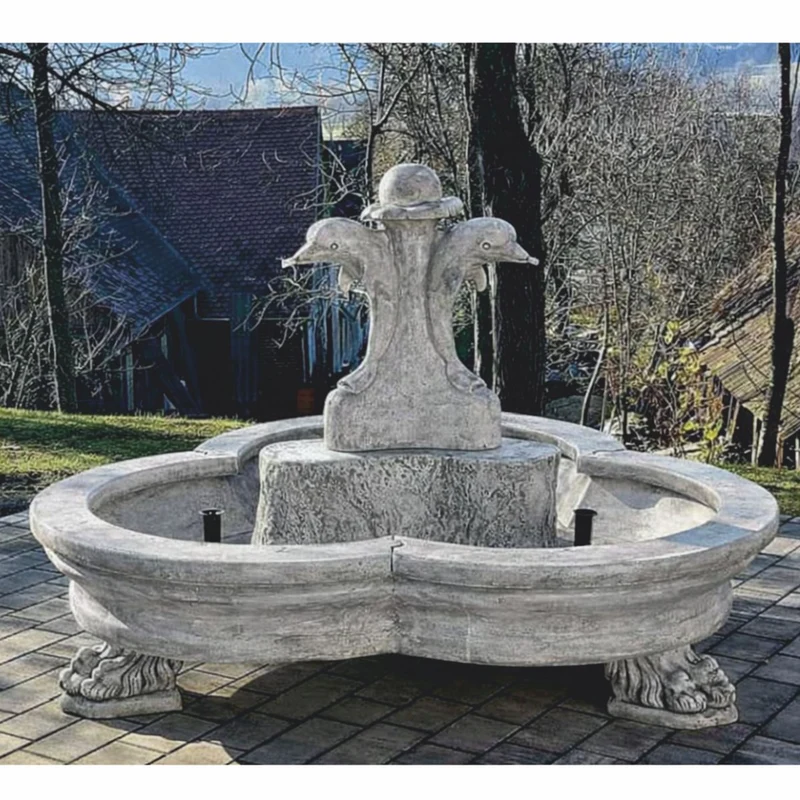 Casa Padrino Barock Springbrunnen Delfine Grau Ø 185 x H. 130 cm - Prunkvoller Gartenbrunnen