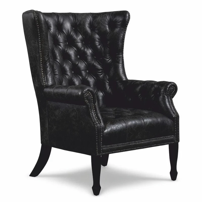 Casa Padrino Luxus Chesterfield Echtleder Ohrensessel Vintage Schwarz / Schwarz