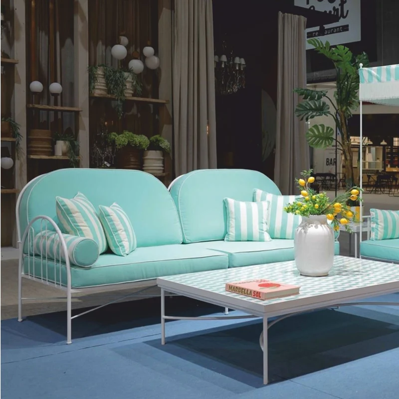 Casa Padrino Luxus Schmiedeeisen Sofa Türkis / Weiß 240 cm - Hotel & Garten Sofa