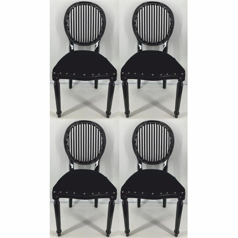 Casa Padrino Luxus Barock Esszimmer Stuhl 4er Set Schwarz / Weiß / Silber - Barock Möbel