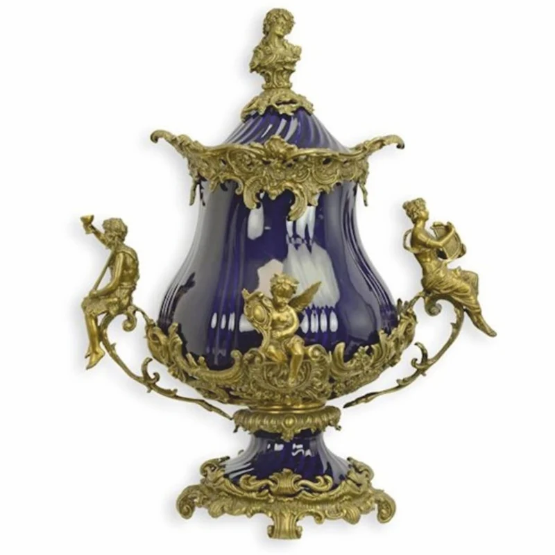 Casa Padrino Barock Porzellan Schüssel Dunkelblau / Messing H. 52 cm - Barock Deko