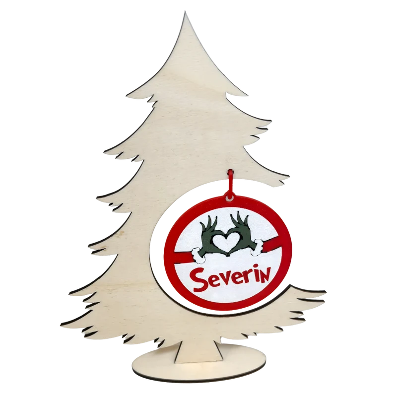 Persönlicher Weihnachtsbaum aus Holz mit individuellem Namens-Anhänger