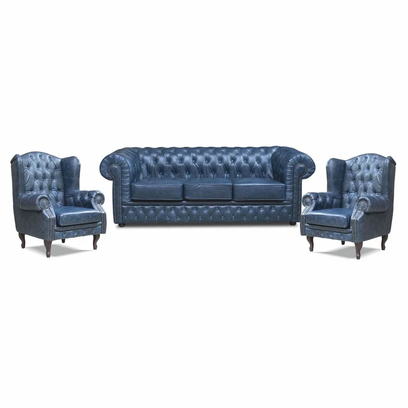 Casa Padrino Luxus Chesterfield Echtleder Ohrensessel Vintage Blau / Dunkelbraun