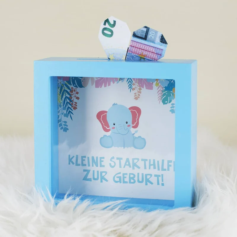 blaue Bilderrahmenspardose zur Geburt