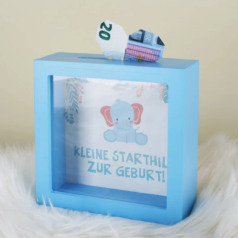 blaue Bilderrahmenspardose zur Geburt