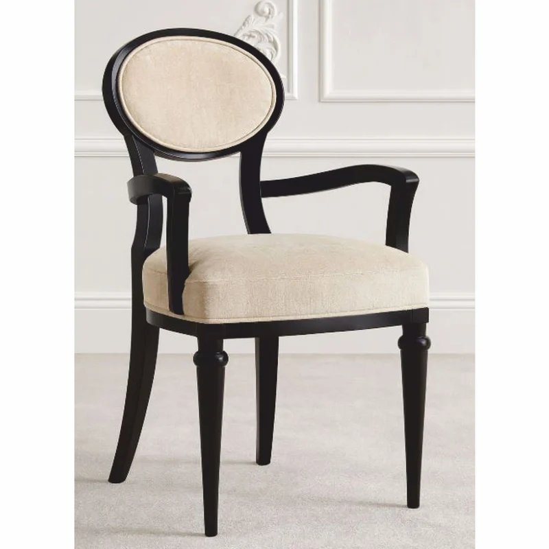 Casa Padrino Luxus Art Deco Esszimmer Stuhl mit Armlehnen Beige / Schwarz H. 97 cm - Made in Italy