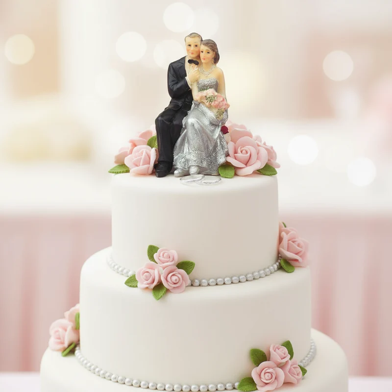 Hochzeitspaar Braut & Bräutigam mit Fliege zur Silberhochzeit | Hochzeitstorten Topper & Dekofigur