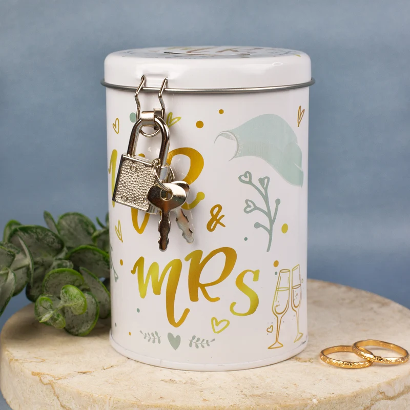 Spardose aus Metall zur Hochzeit - Mr. & Mrs. mit Hochzeitsmotiven, Schloss und Schlüssel