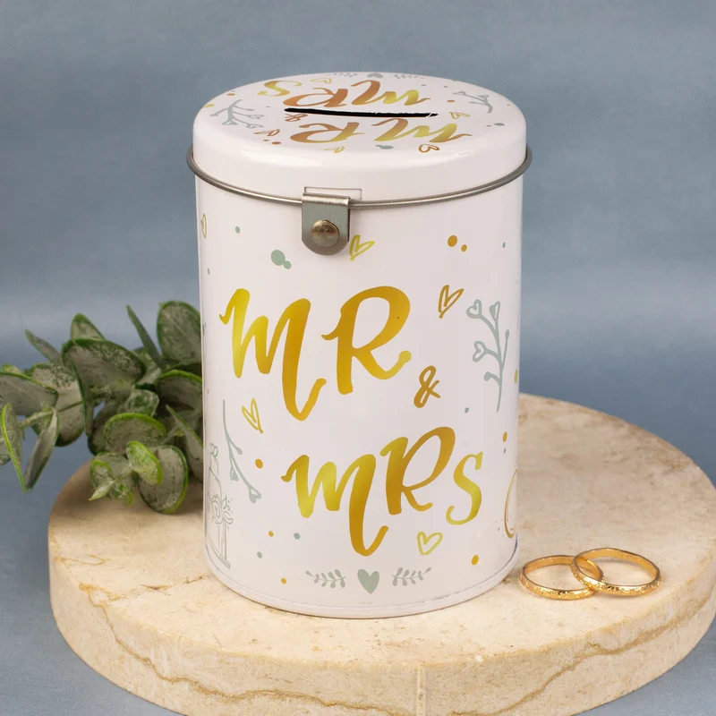 Spardose aus Metall zur Hochzeit - Mr. & Mrs. mit Hochzeitsmotiven, Schloss und Schlüssel