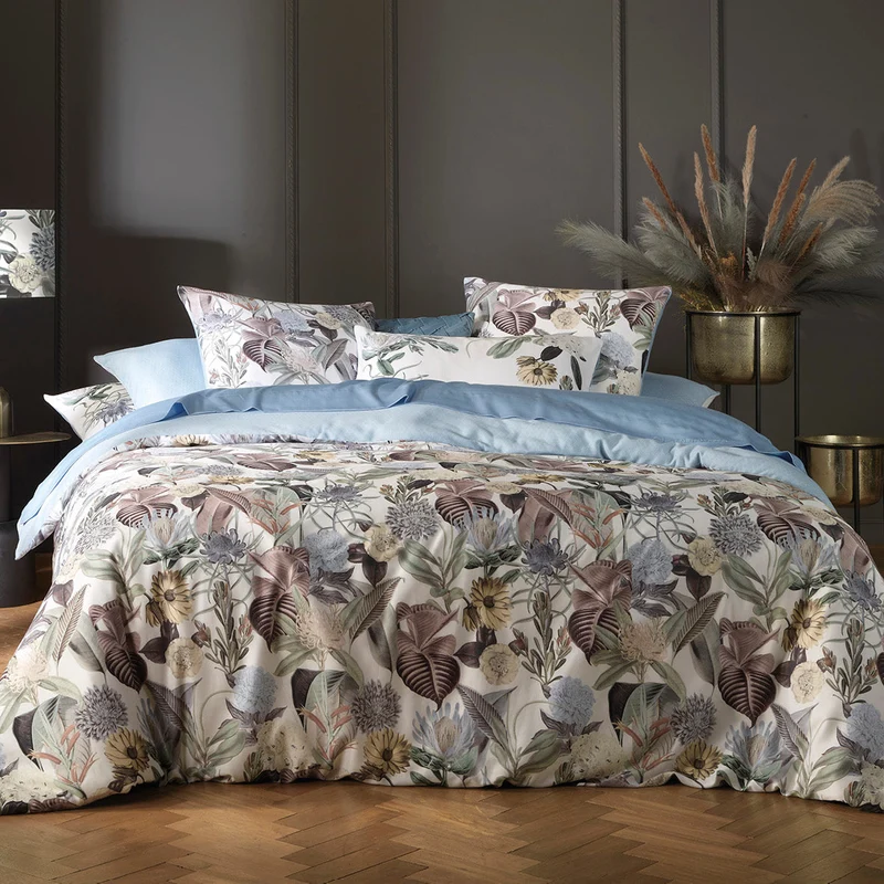 Housse de couette satin de coton - Garden bleu clair