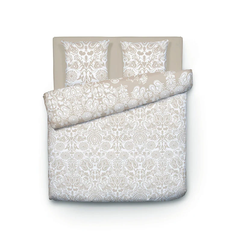 Housse de couette + taie(s) d'oreiller satin de coton - Love stories beige