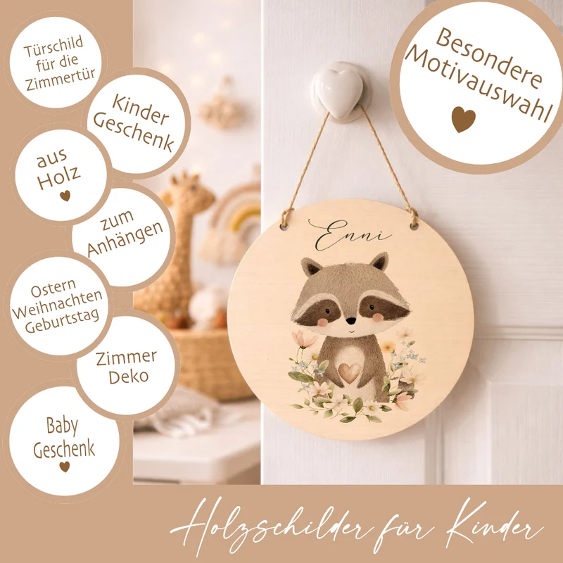 Personalisierte Holzschilder mit Namen – Süße Waldtiere Motive im Boho-Stil – Rundes Türschild & Wanddeko fürs Kinderzimmer 20cm