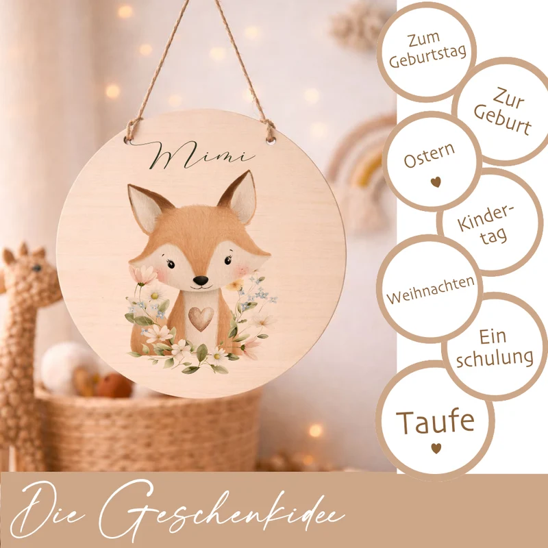Personalisierte Holzschilder mit Namen – Süße Waldtiere Motive im Boho-Stil – Rundes Türschild & Wanddeko fürs Kinderzimmer 20cm